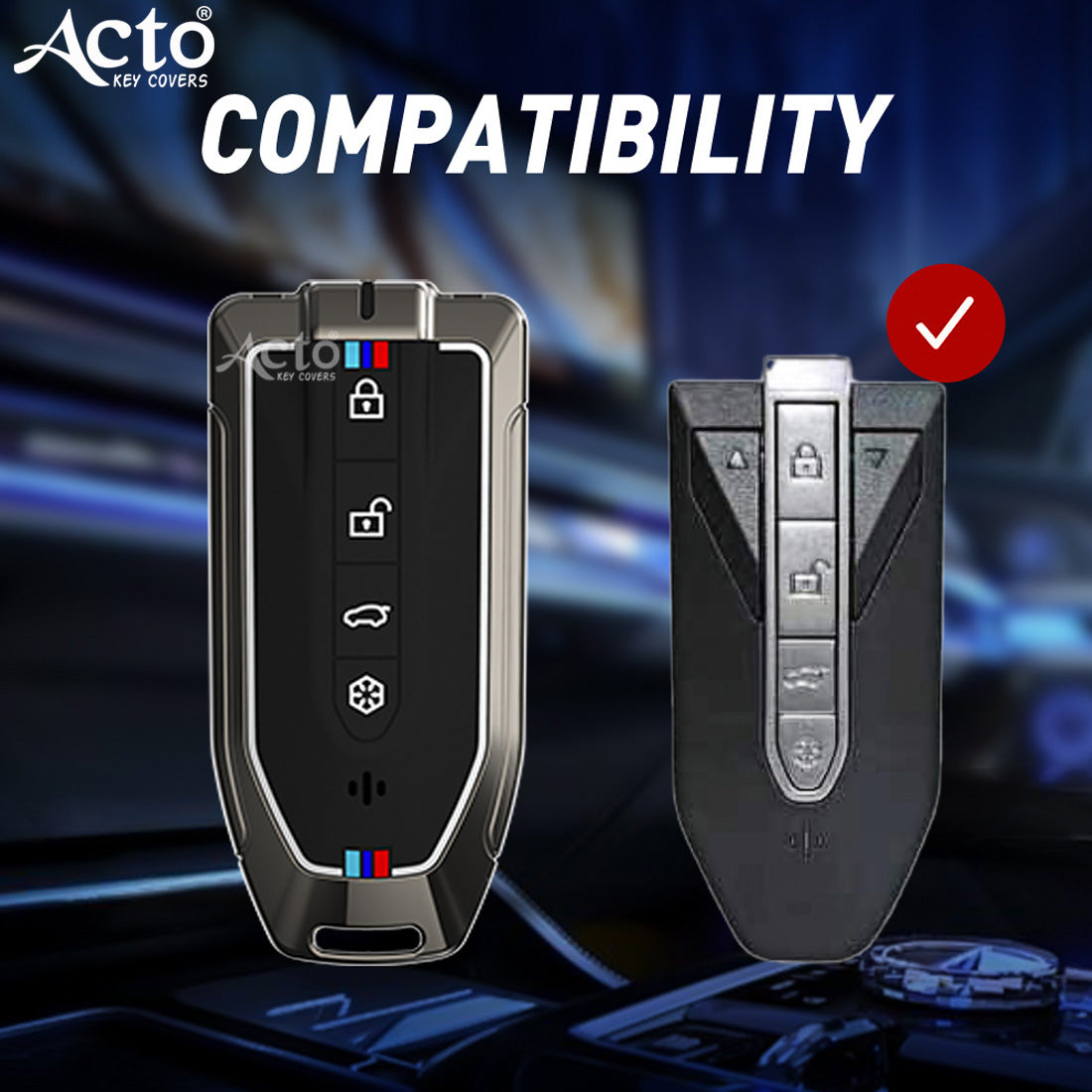 Acto Metal Sapphire Key Cover and Key chain Compatible with Mahindra BE-6,XEV9 4-Button Smart Key Pack of 1 (Glow in the Night)