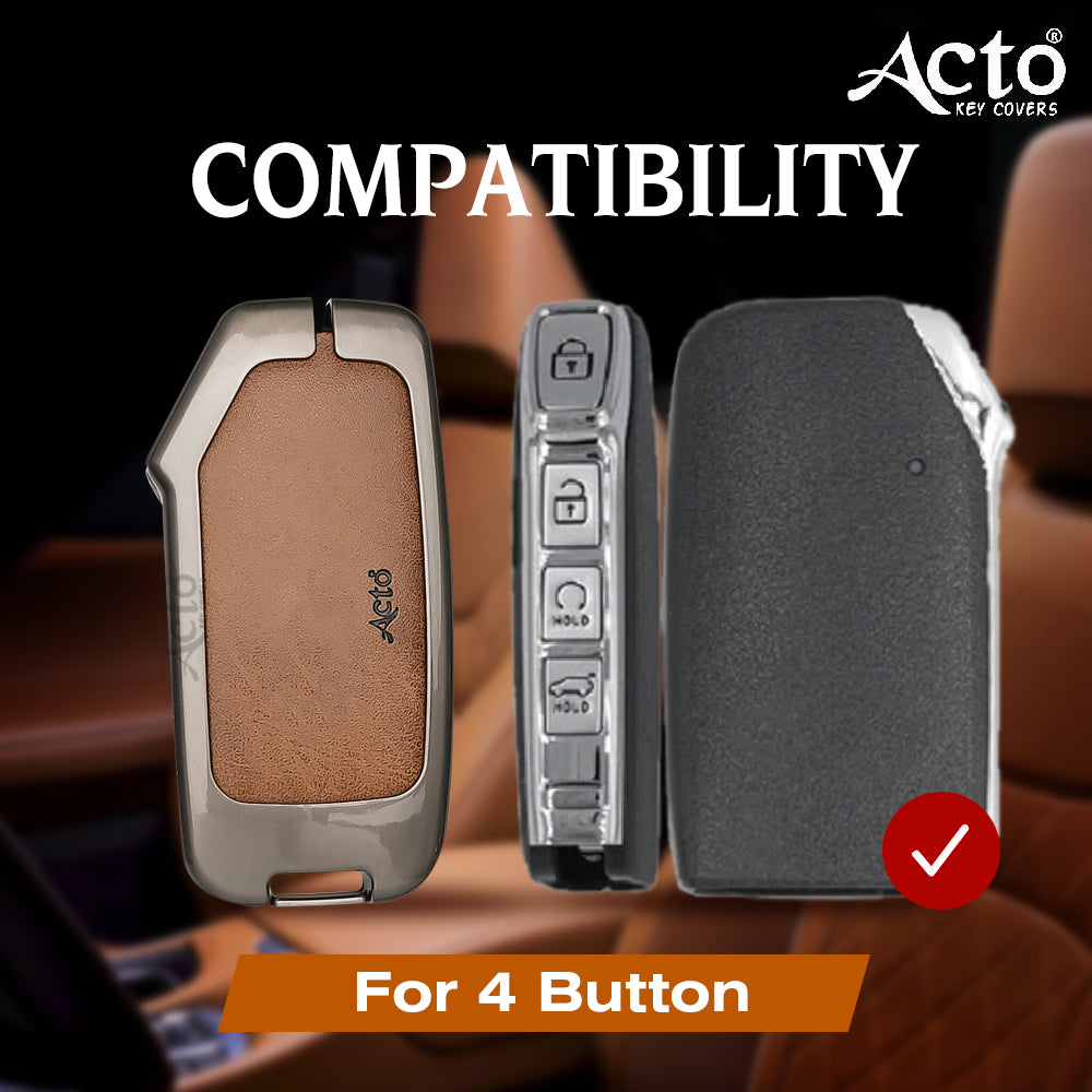 ACTO Metal Leather Car Key Cover with Key Chain Compatible with Kia Sonet 2020 & Seltos 2020+ 4 Button Smart Key | Premium Zinc Alloy & Leather Finish | 360° Protection | Scratch Resistant | Pack of 1