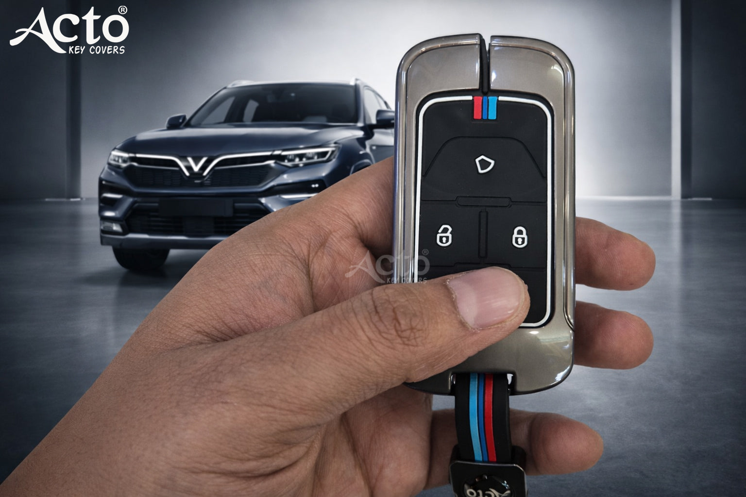 ACTO Metal Silicone Key Cover and Key Chain Compatible with Vinfast VF6 | VF7 4-Button Smart Key