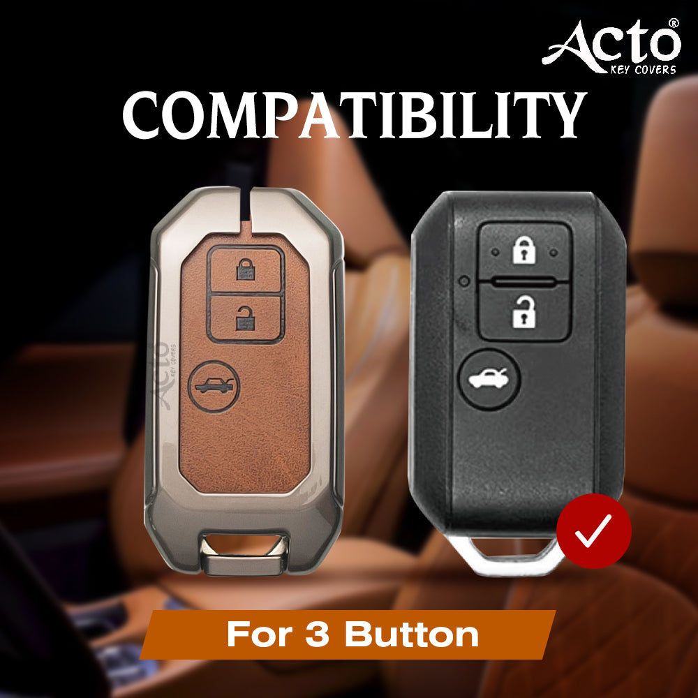 ACTO Metal Leather Car key cover with key chain Compatible With Suzuki