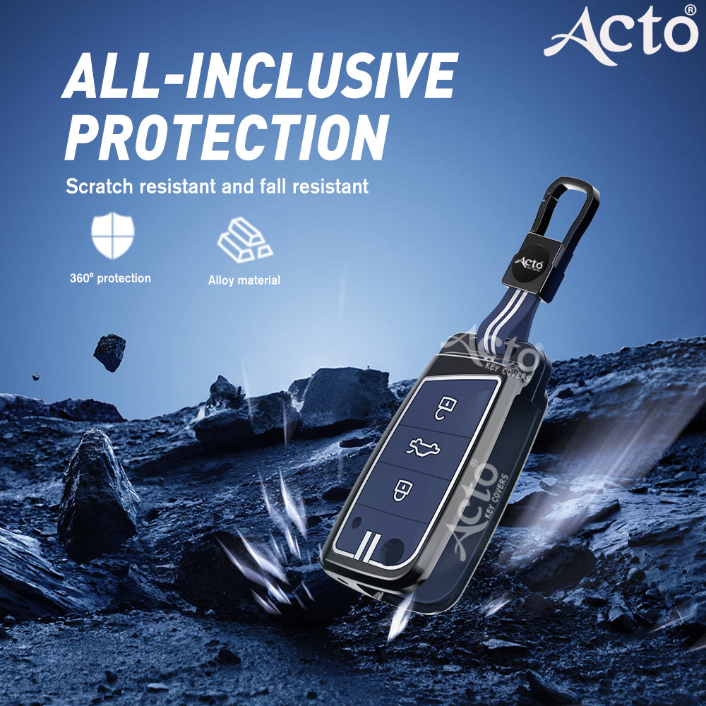 Acto Metal Sapphire Key Cover & Key Chain Compatible with Volkswagen & Skoda Jetta, Slavia, Kushaq, Passat, Octavia, Superb, Tiguan, Taigun, Virtus| Glow-in-the-Dark Buttons | 360° Protection | Pack of 1