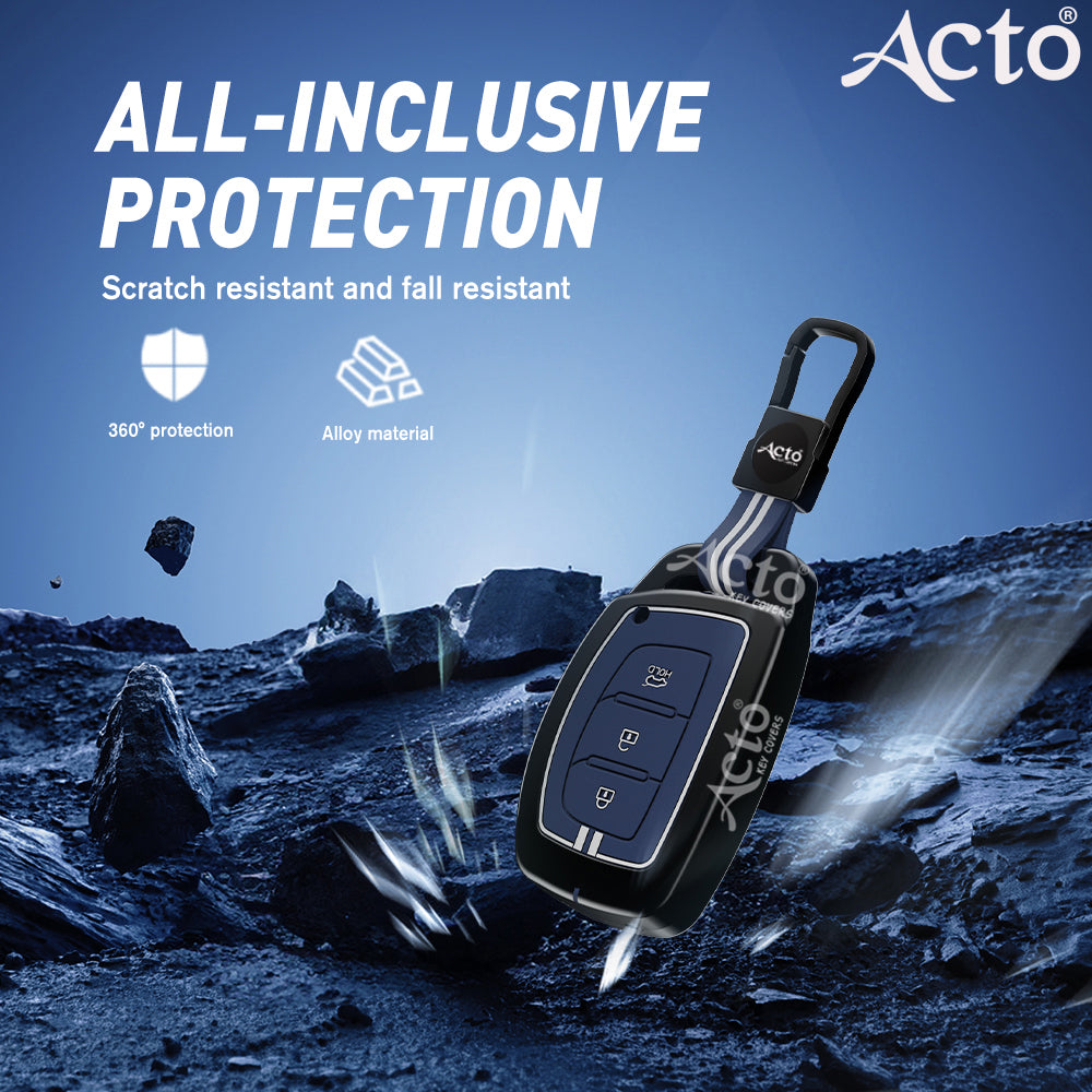 Acto Metal Sapphire Key Cover and Key chain Compatible with Hyudai  Aura I Elantra I I10 Grand Nios I i20 Elite I Verna 4S I Creta I i10 Grand I i20 Active I Tucson I Xcent Pack of 1 Set (Glow in the Night)
