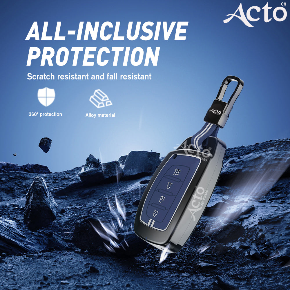 Acto Metal Sapphire Key Cover and Key chain Compatible with Hyundai Creta 2021 I Alacazar I Venue I Tucson Pack of 1 Set (Glow in the Night)