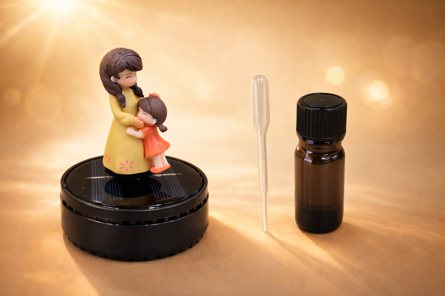Acto Solar Powered Rotating Parents Mom and Daughter Showpiece with Aroma Diffuser Bottle – Romantic Dashboard & Home Decor