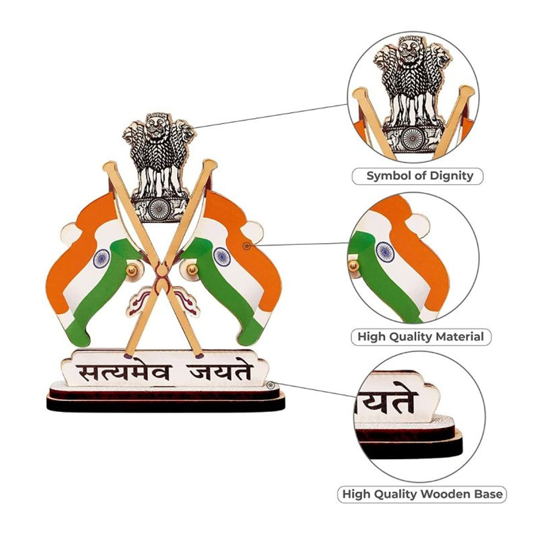 Car Dashboard Brass Indian Flag in Indian Flag Color Suitable for Car Dashboard, Home and Office