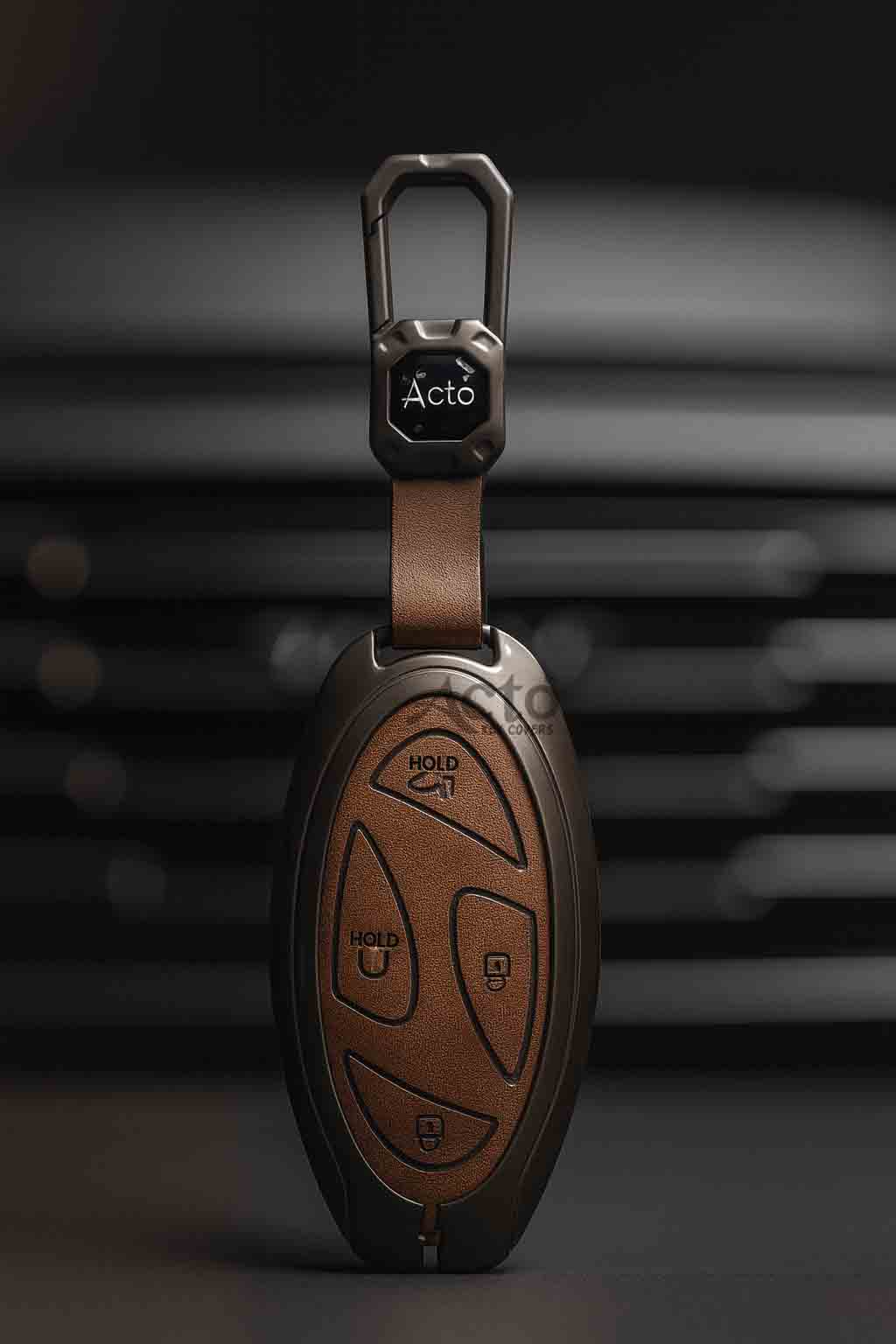 ACTO Metal Leather Car key cover with key chain Compatible with Hyundai Venue 2025+ 4 Button Smart Key Pack of 1 Pcs
