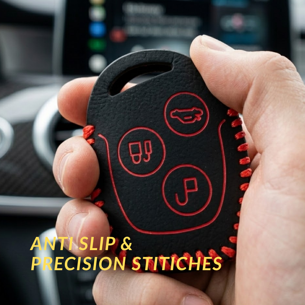 ACTO Leather Car Key Cover with Key Chain Compatible for Ford Figo & Aspire 3 Button Smart Key | Premium Black Leather with Red Stitching | 360° Protection | Pack of 1