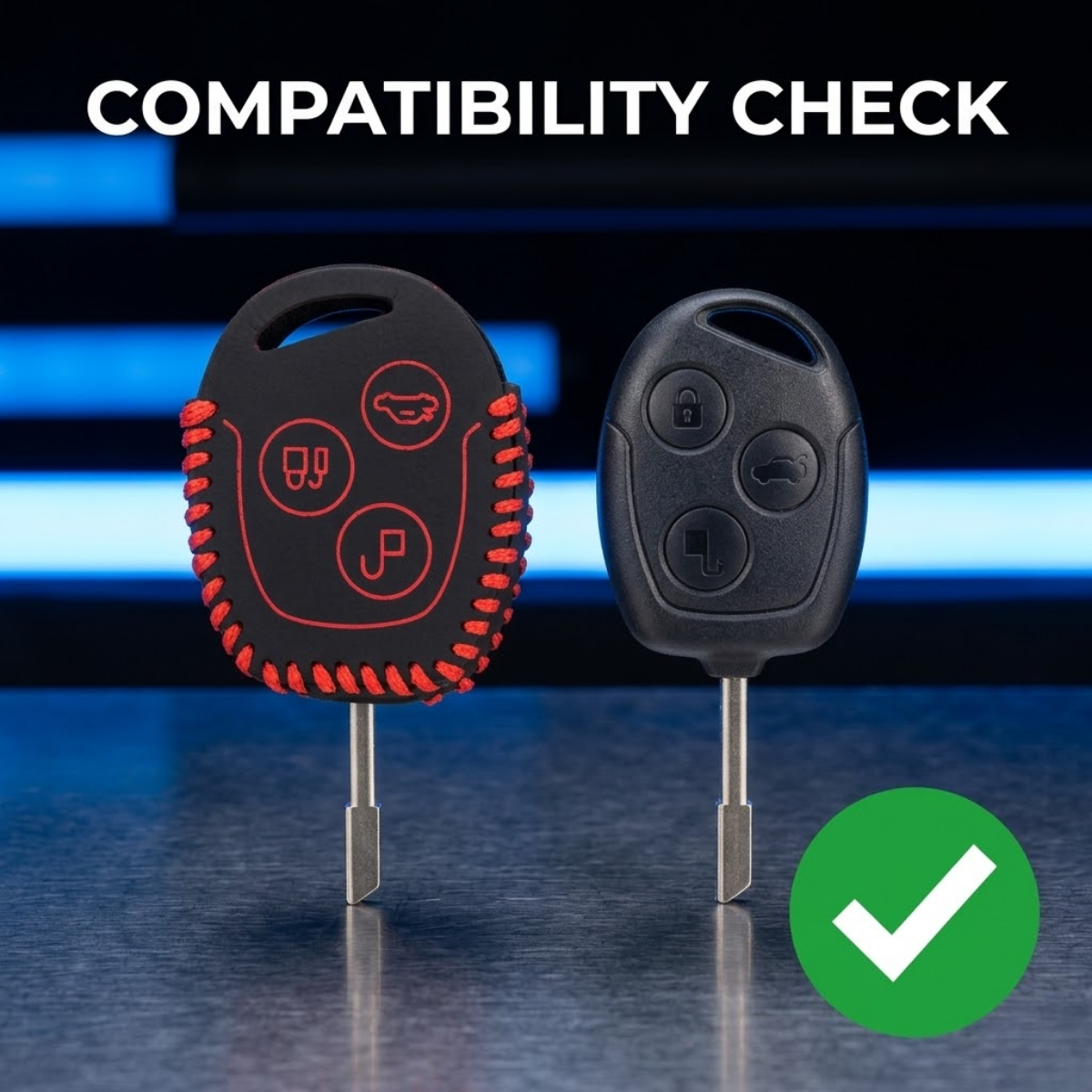 ACTO Leather Car Key Cover with Key Chain Compatible for Ford Figo & Aspire 3 Button Smart Key | Premium Black Leather with Red Stitching | 360° Protection | Pack of 1