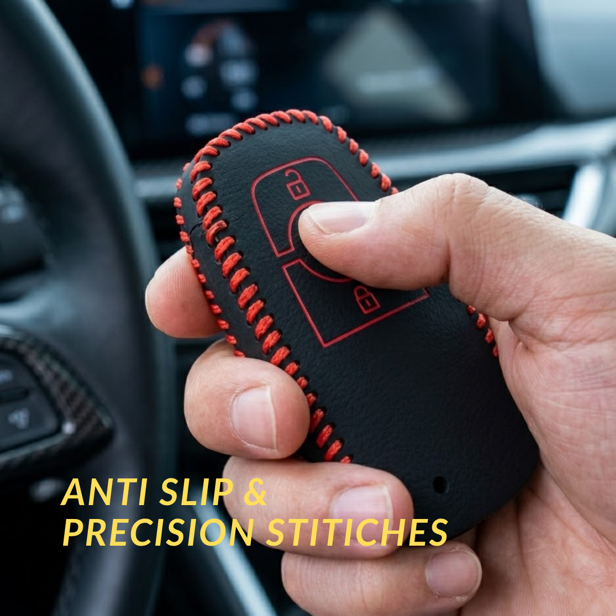 ACTO Leather Car Key Cover with Key Chain Compatible for Ford Aspire, Figo, New Fiesta, Endeavour & EcoSport 3 Button Smart Key | Premium Black Leather with Red Stitching | 360° Protection | Pack of 1