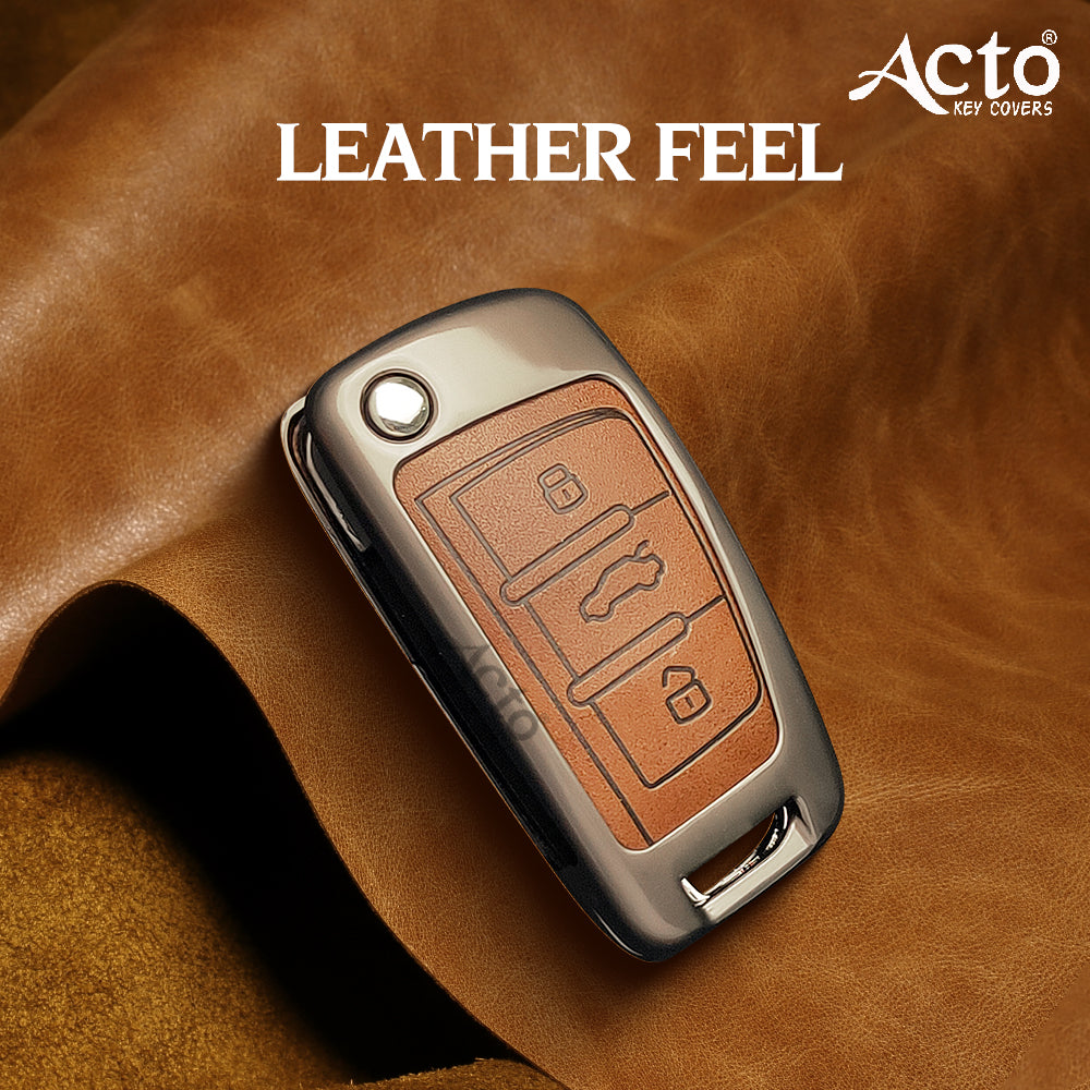 ACTO Metal Leather Car key cover with key chain Compatible With Audi Q5