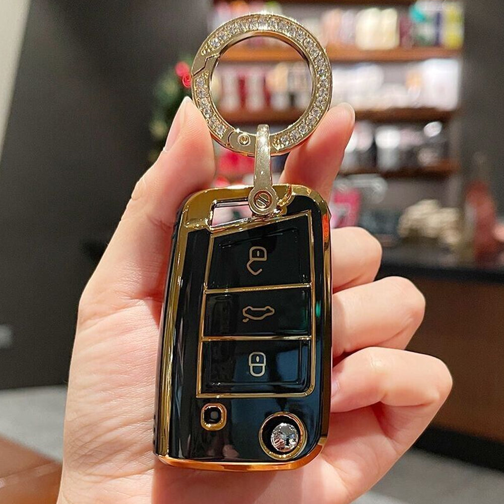 Acto TPU Gold Series Car Key Cover With Diamond Key Ring For Skoda Superb