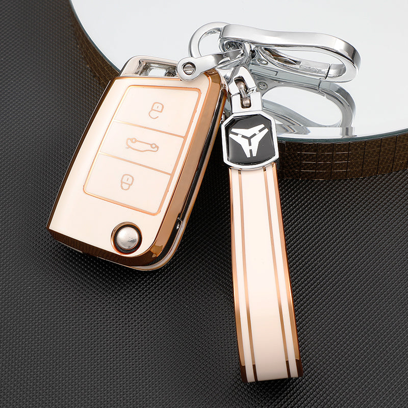 Acto TPU Gold Series Car Key Cover With TPU Gold Key Chain For Skoda Tiguan