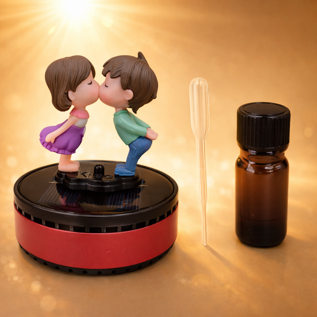 Acto Solar Powered Rotating Kissing KS01 Couple Showpiece with Aroma Diffuser Bottle – Romantic Dashboard & Home Decor