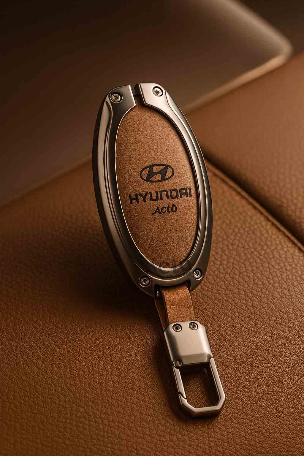ACTO Metal Leather Car key cover with key chain Compatible with Hyundai Venue 2025+ 4 Button Smart Key Pack of 1 Pcs
