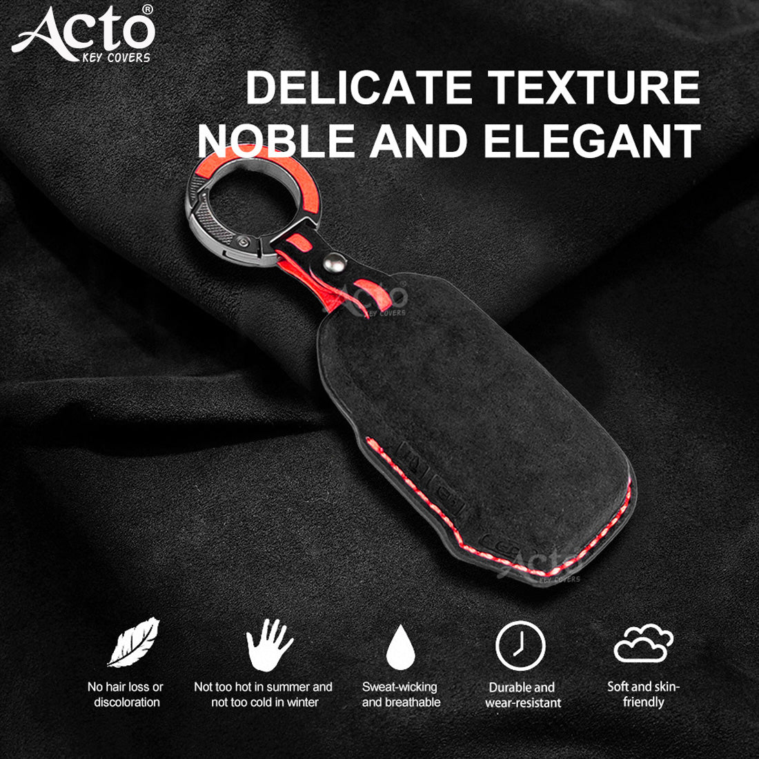 ACTO Alcantra Key Cover and Key Chain in Dashing Blue Cover and Orange Stiching Design Compatible with KIA Sonet 2025 | Seltos 2025 3 Button Smart Key Pack of 1 Set