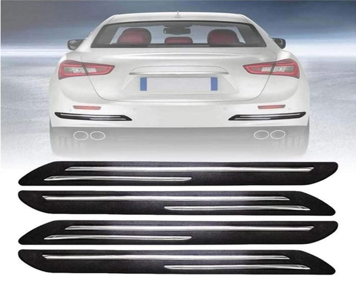 Car Bumper Protector Black Rubber with Double Chrome line Compatible with all Cars Set of 4 Pcs