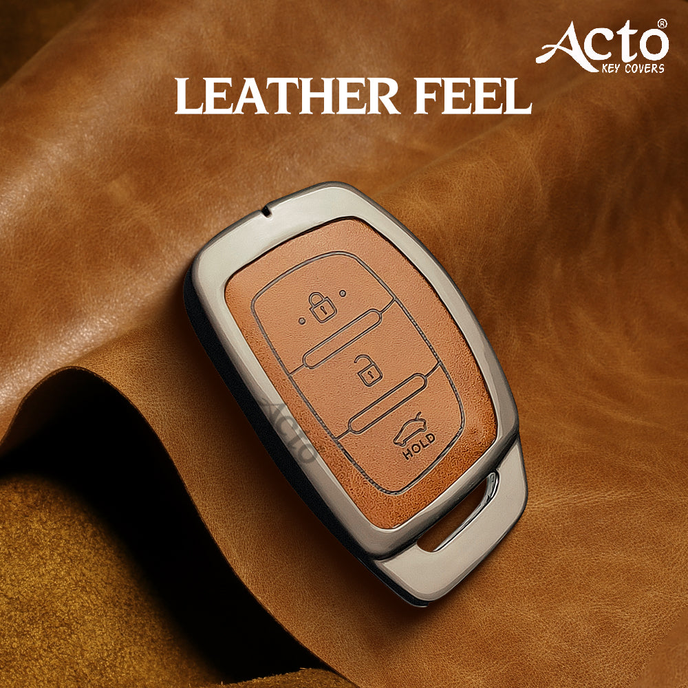 ACTO Metal Leather Car key cover with key chain Compatible With Hyundai