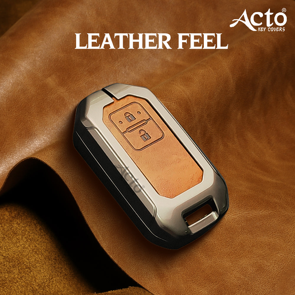 ACTO Metal Leather Car key cover with key chain Compatible With Suzuki