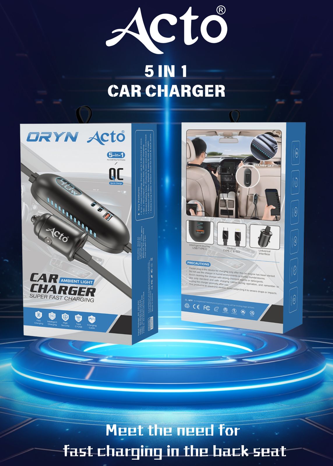 ACTO Oryn Car Charger Super 5in1 Fast Charging Ambient Light with Type-C & ISO Intelligent Display USB/Type-C 112.5W & 1.5Meter Pack of 1 Pcs