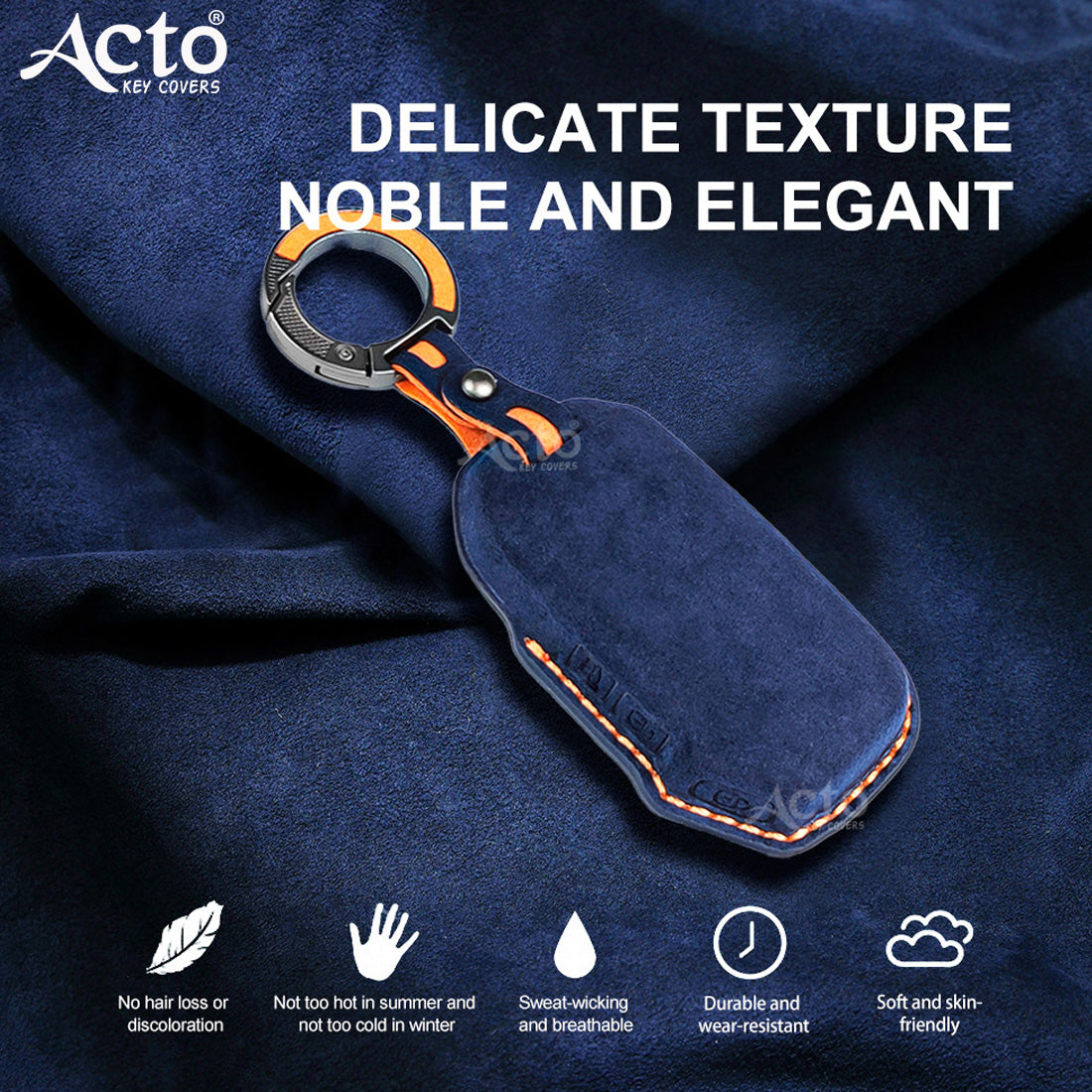 ACTO Alcantra Key Cover and Key Chain in Dashing Blue Cover and Orange Stiching Design Compatible with KIA Sonet 2025 | Seltos 2025 3 Button Smart Key Pack of 1 Set