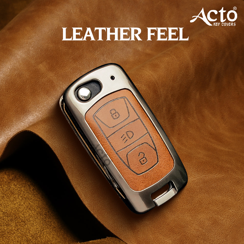 ACTO Metal Leather Car key cover with key chain Compatible With TATA