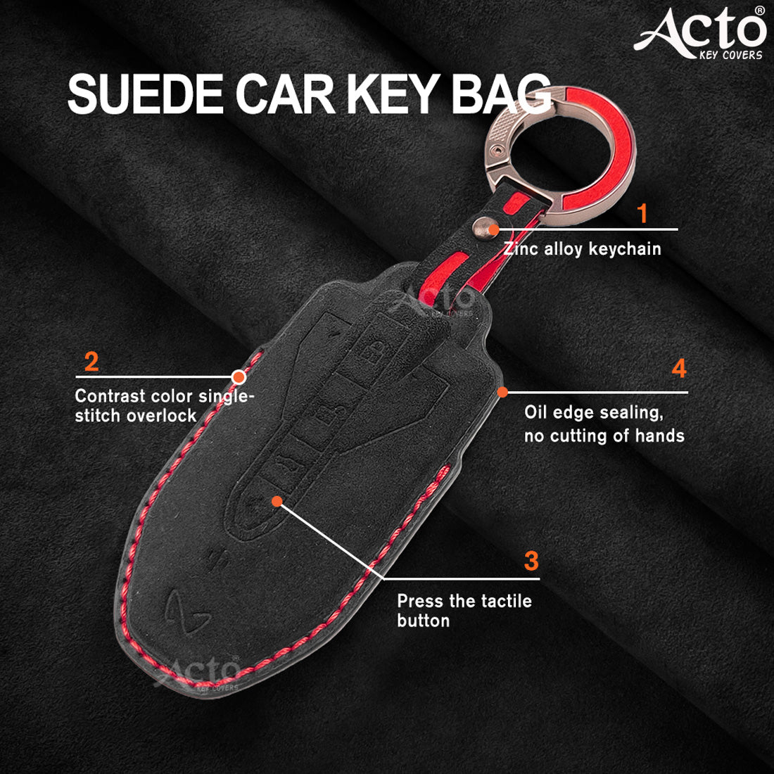 ACTO Alcantara Key Cover and Key Chain in Dashing Color – Compatible with Mahindra BE-6 4-Button Smart Key (Pack of 1)