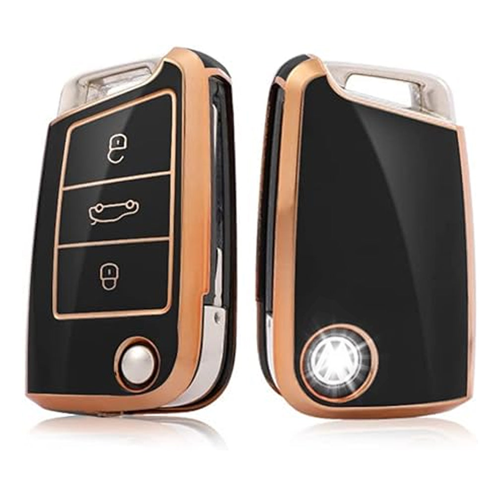 Acto TPU Gold Series Car Key Cover With Diamond Key Ring For Skoda Passat