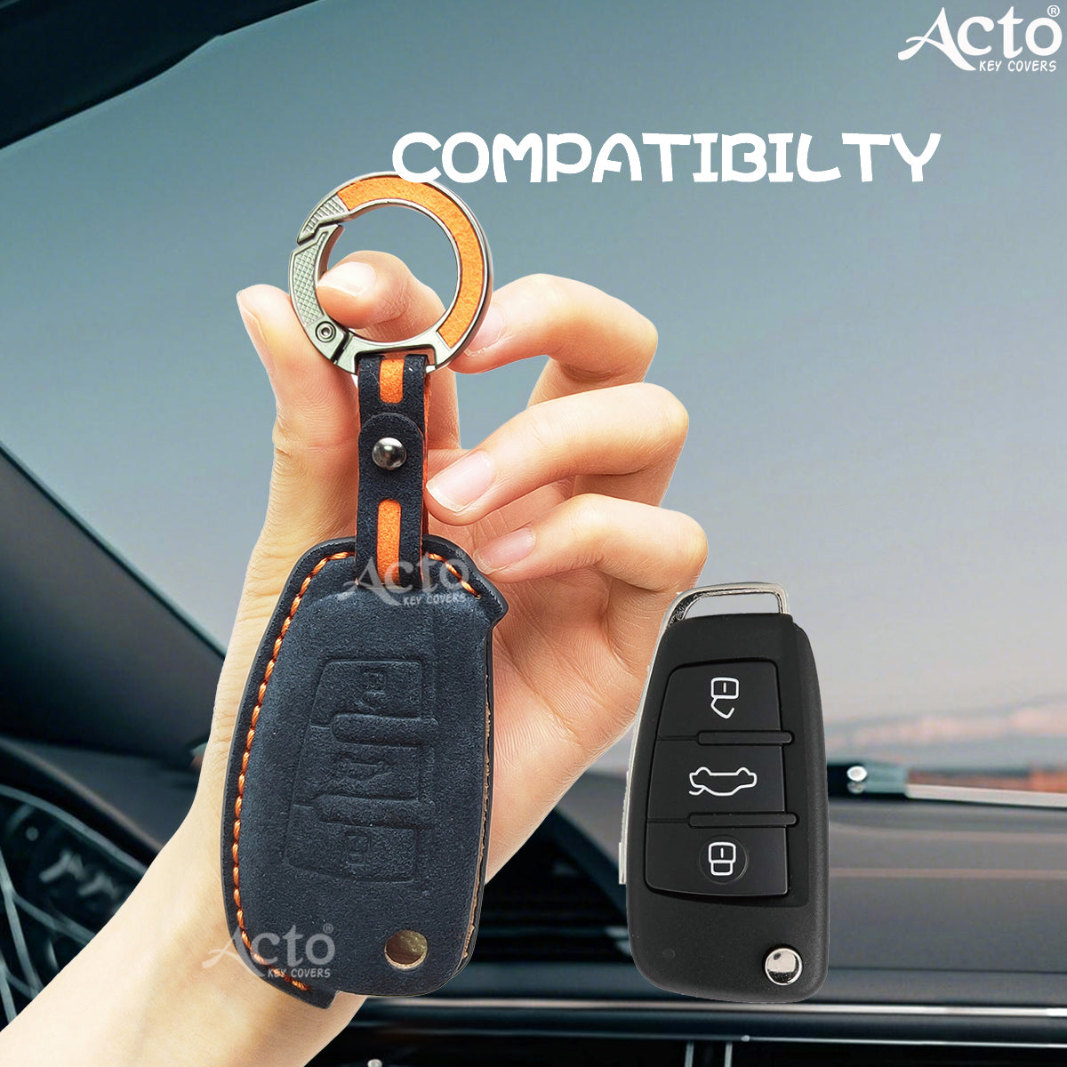 ACTO Alcantra Key Cover and Key Chain in Dashing Blue Cover and Orange Sticking Design Compatible with Audi