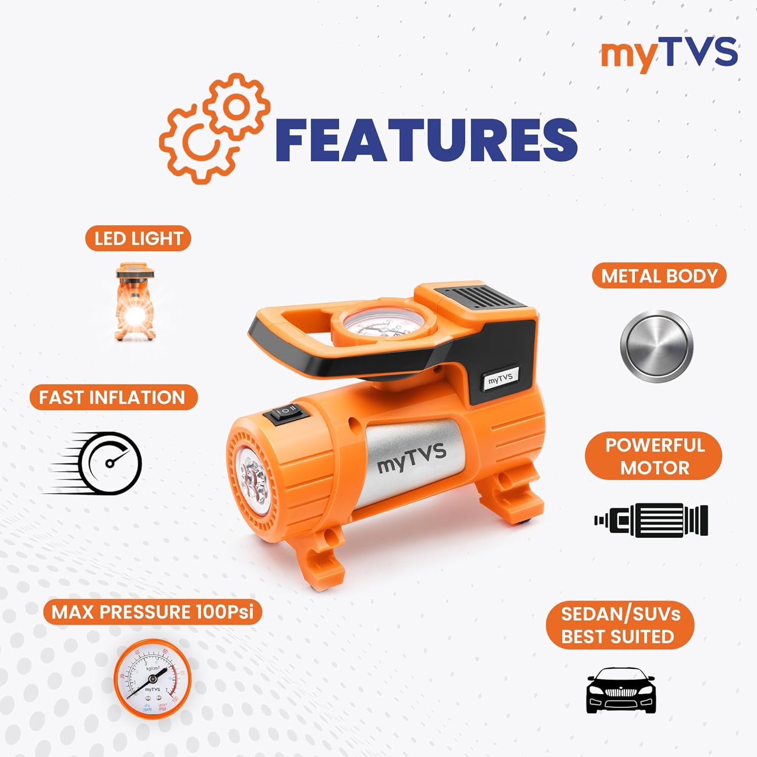 myTVS Car Tyre Inflator 100 Psi, 12V DC  Air Pump for Car tyre Portable Tyre Inflator for Car & Bike Inflator with LED Torch Compatible with All car