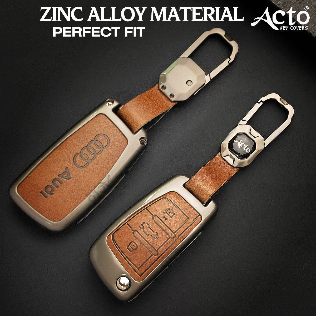 ACTO Metal Leather Car key cover with key chain Compatible With Audi Q5