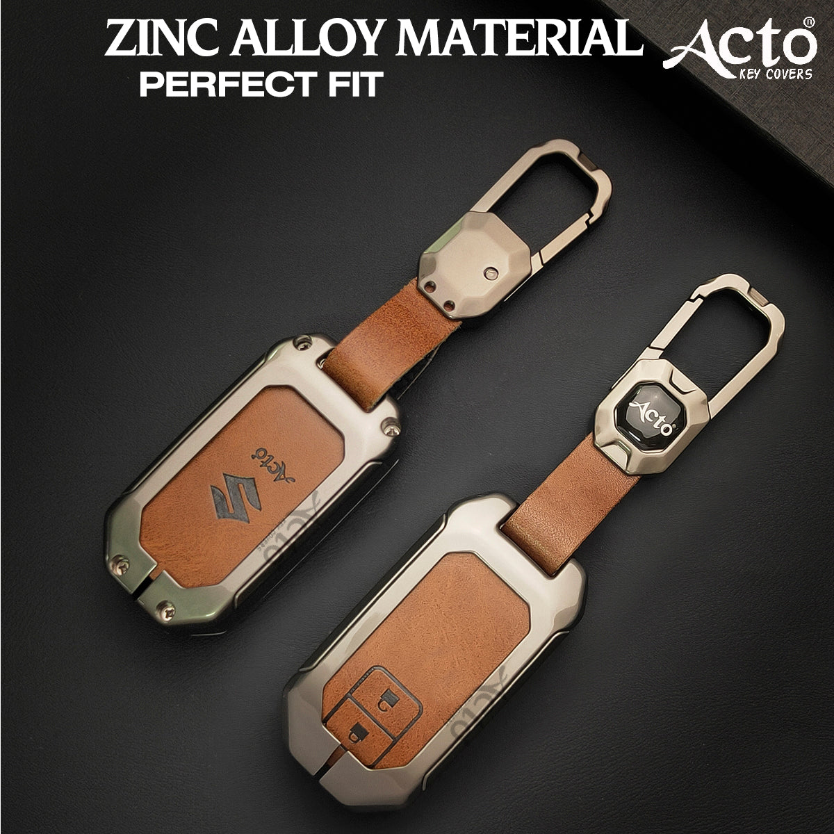 ACTO Metal Leather Car key cover with key chain Compatible With Suzuki