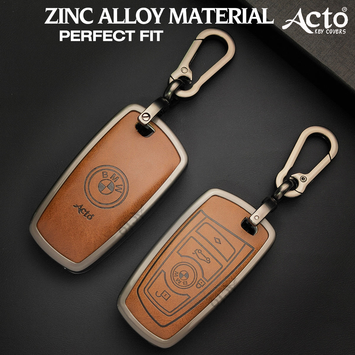 ACTO Metal Leather Car key cover with key chain Compatible With BMW 3 Series