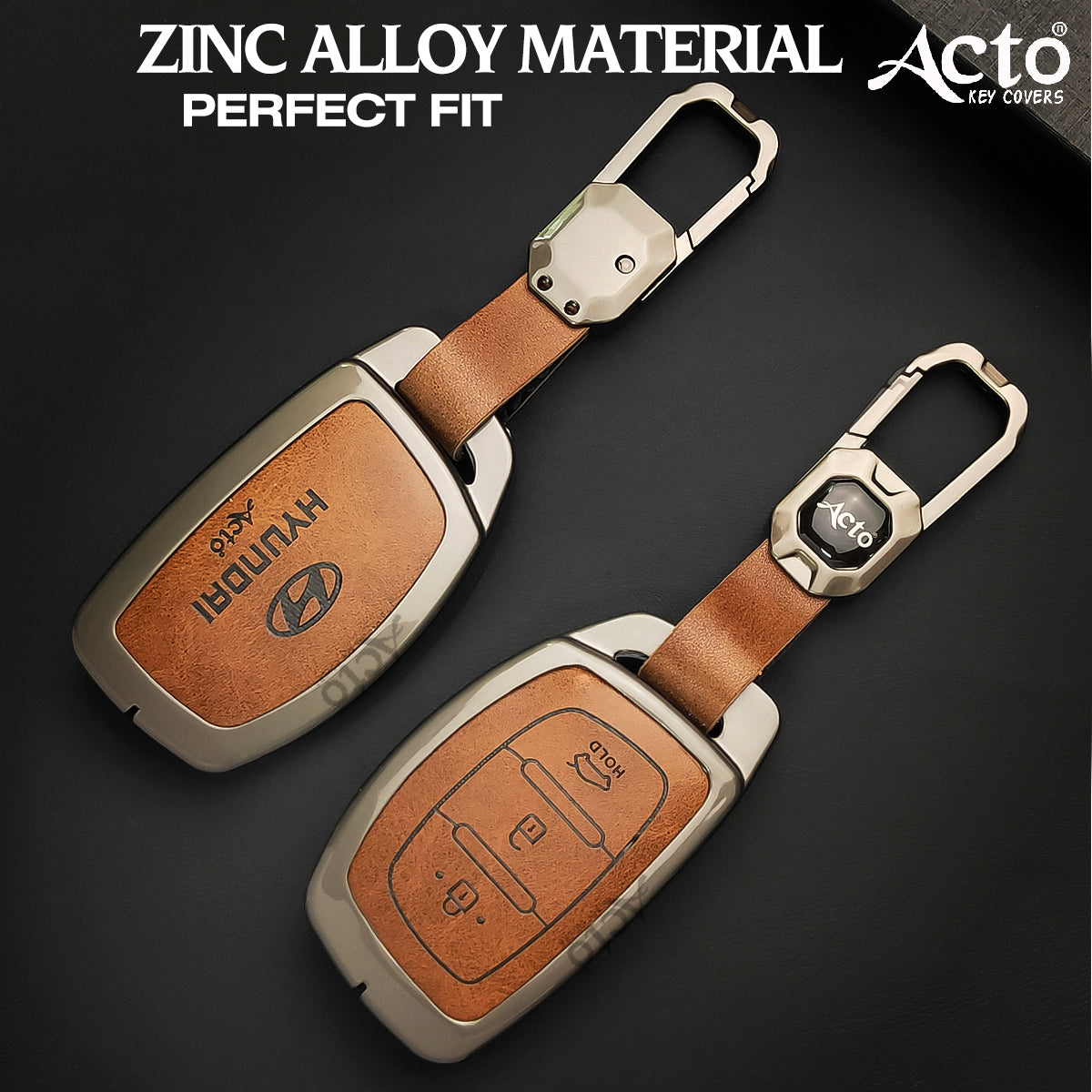 ACTO Metal Leather Car key cover with key chain Compatible With Hyundai