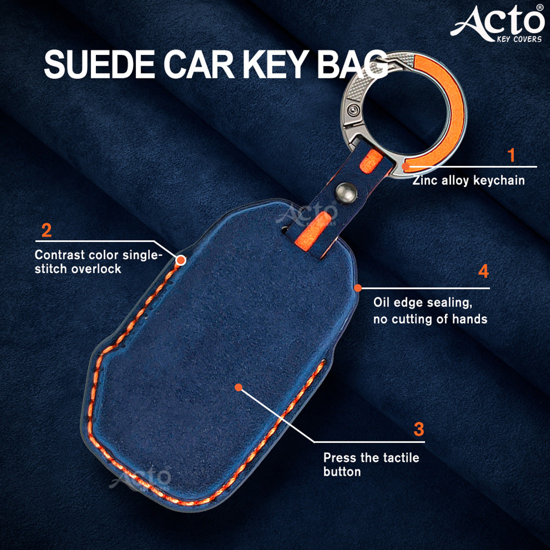 ACTO Alcantra Key Cover and Key Chain in Dashing Blue Cover and Orange Stiching Design Compatible with KIA Sonet 2025 | Seltos 2025 3 Button Smart Key Pack of 1 Set
