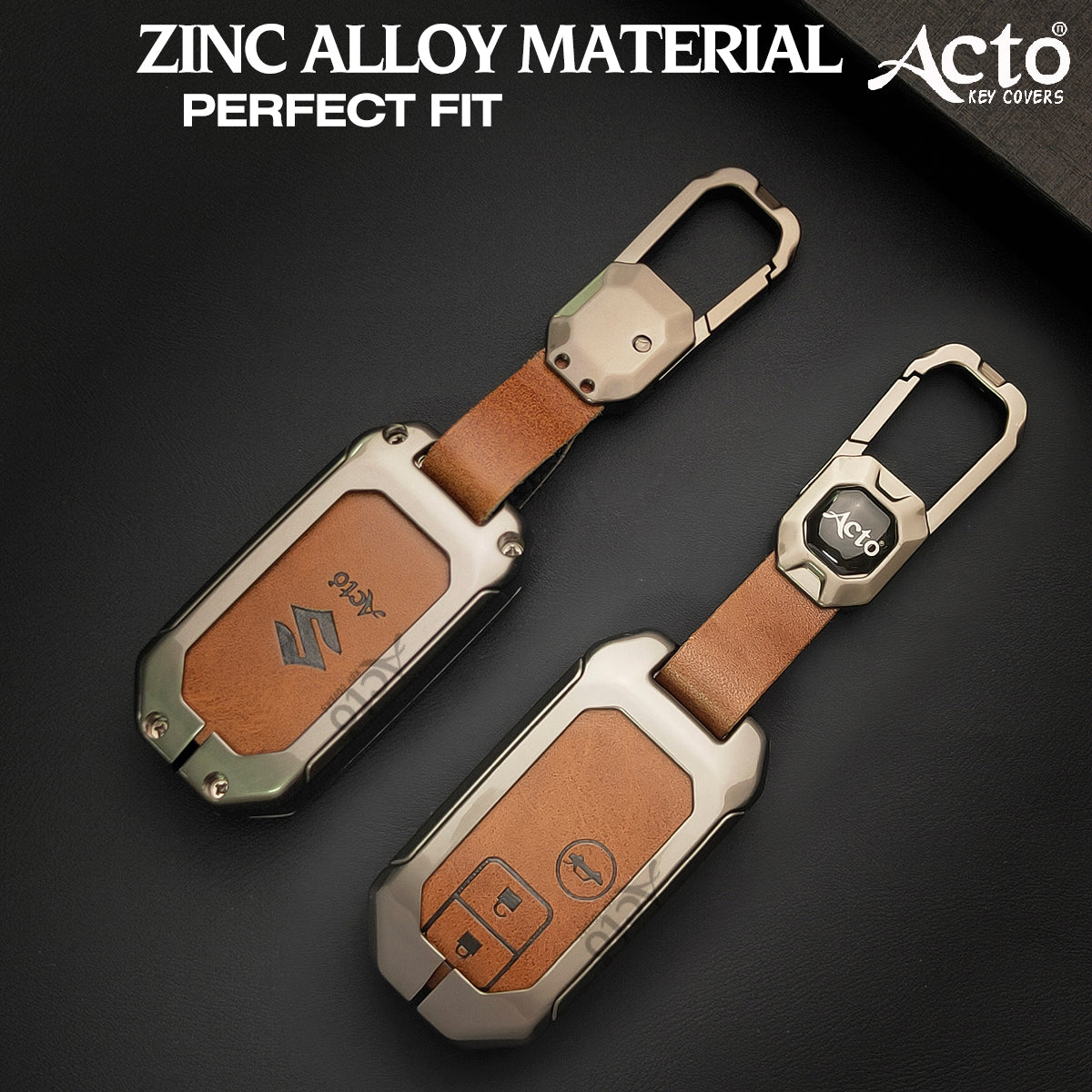 ACTO Metal Leather Car key cover with key chain Compatible With Suzuki