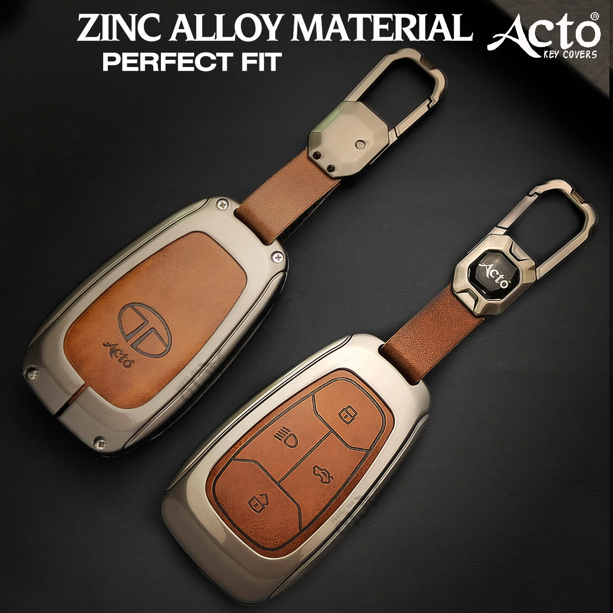 ACTO Metal Leather Car key cover with key chain Compatible With TATA