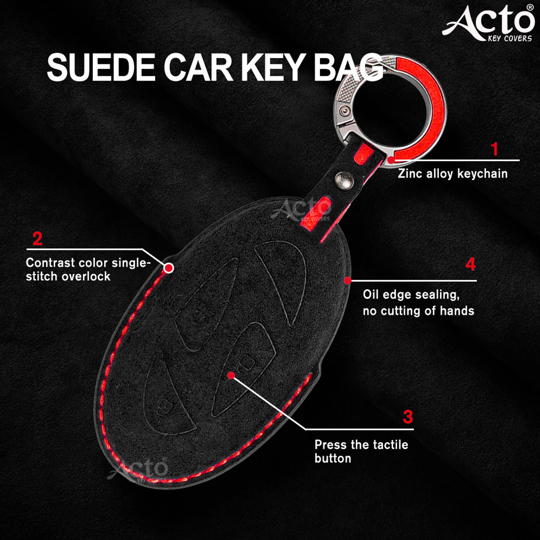 ACTO Alcantara Key Cover and Key Chain in Dashing Color – Compatible with Hyundai Venue 2025 (4-Button Smart Key) (Pack of 1)