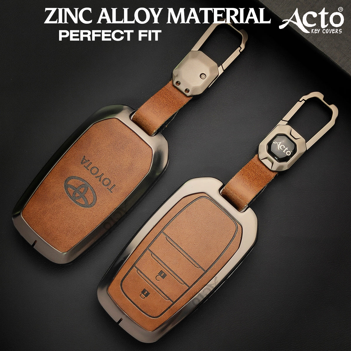 ACTO Metal Leather Car key cover with key chain Compatible With Toyota