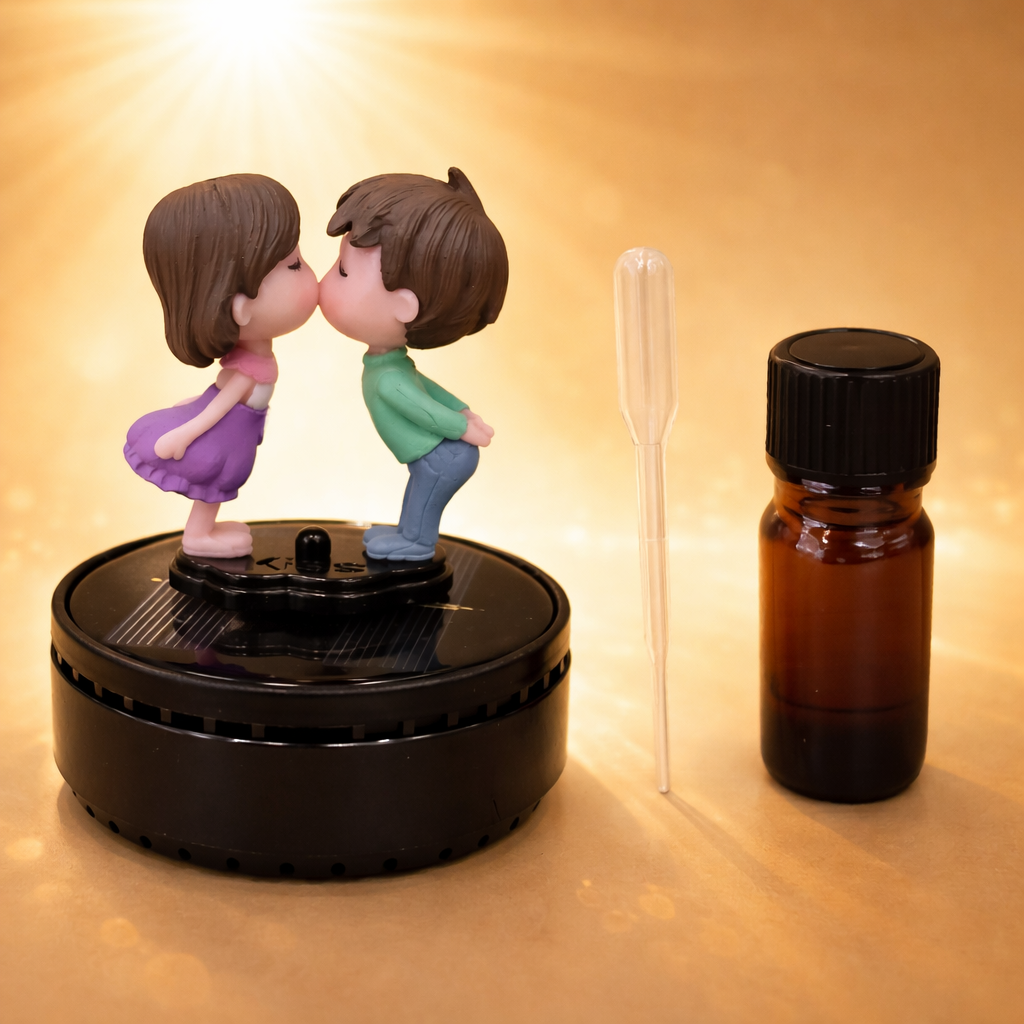 Acto Solar Powered Rotating Kissing KS01 Couple Showpiece with Aroma Diffuser Bottle – Romantic Dashboard & Home Decor