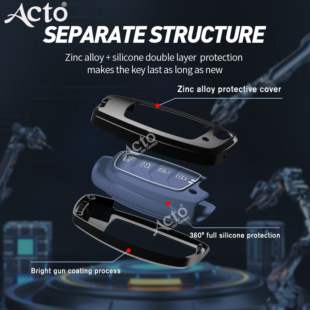 Acto Metal Sapphire Key Cover & Key Chain Compatible with Hyundai Venue & Creta 2020 Smart Key | Premium Zinc Alloy Key Case | Glow-in-the-Dark Buttons | 360° Full Protection | Luxury Car Key Fob Protector | Pack of 1 Set