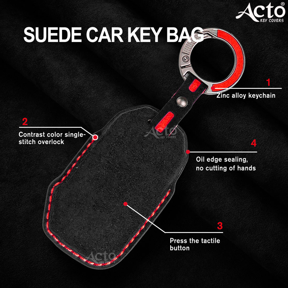 ACTO Alcantra Key Cover and Key Chain in Dashing Blue Cover and Orange Stiching Design Compatible with KIA Sonet 2025 | Seltos 2025 3 Button Smart Key Pack of 1 Set