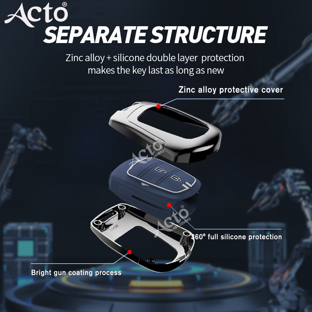 Acto Metal Sapphire Key Cover and Key chain Compatible with Hyudai I-10 Grand, Santro Pack of 1 Set (Glow in the Night)