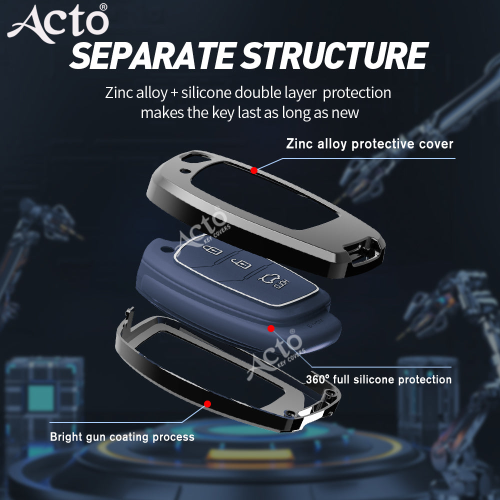 Acto Metal Sapphire Key Cover and Key chain Compatible with Hyudai  Aura I I10 Grand Nios I i20  (2021) I Creta I i20 Active I I-20 Elite I Xcent 2019+ Pack of 1 Set (Glow in the Night)