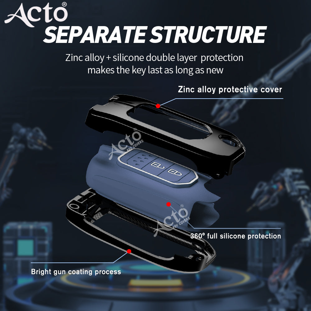 Acto Metal Sapphire Key Cover and Key chain Compatible with Honda City, WR-V, Jazz Pack of 1 Set (Glow in the Night)