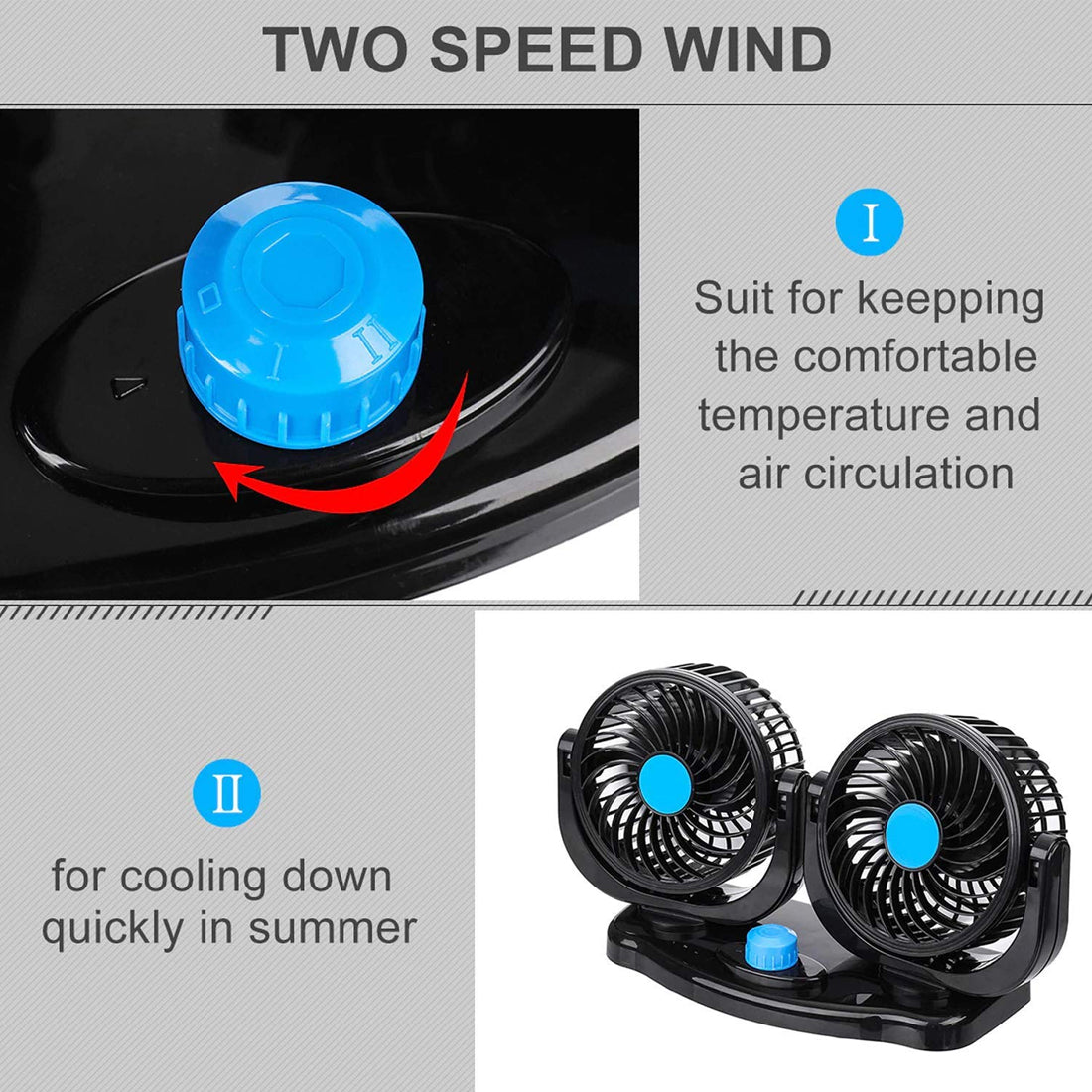 WINNER Car Fan 12V 360 Degree Rotatable Dual Head Speed Quick & Strong Dashboard Auto Cooling Air Fan