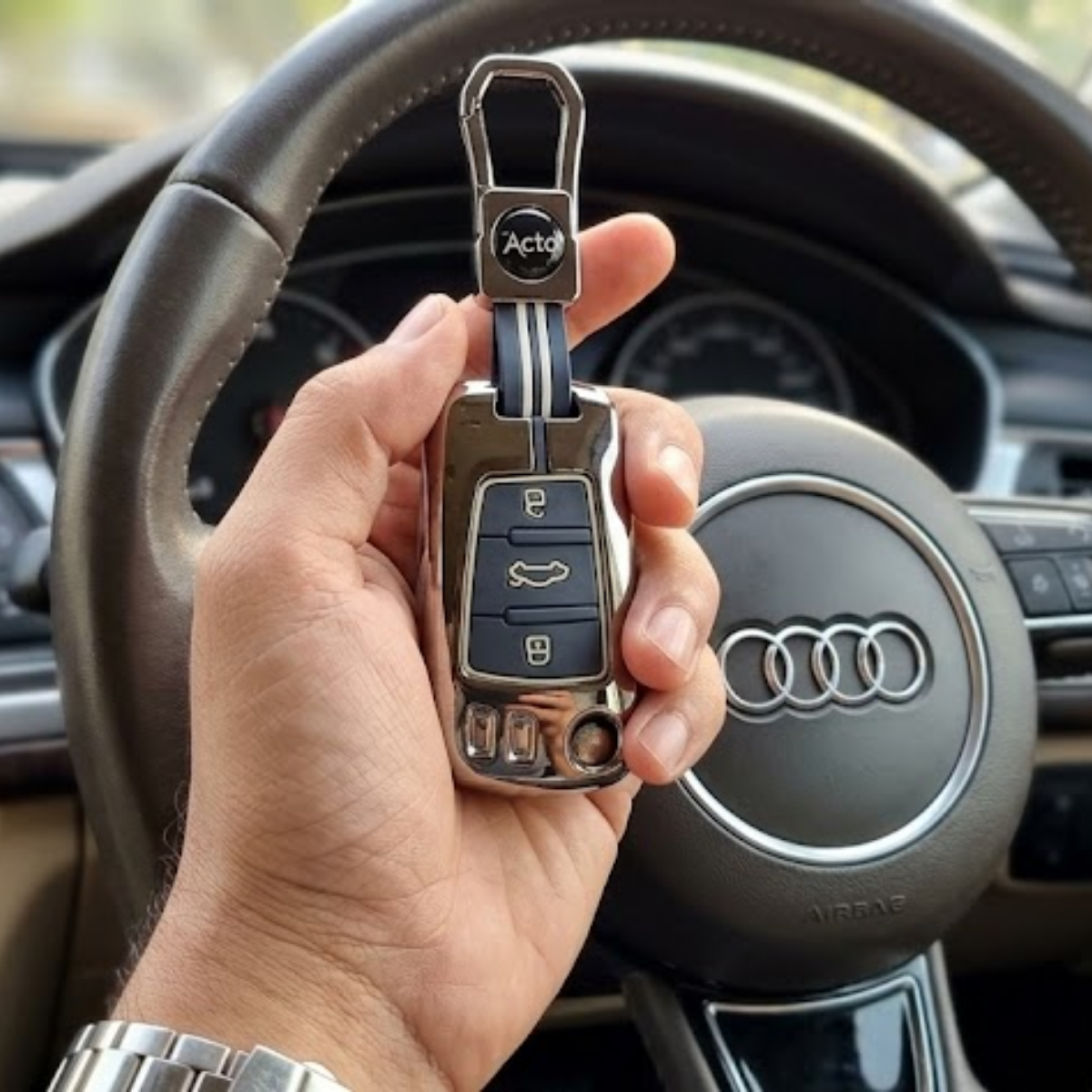 Acto Metal Sapphire Key Cover & Key Chain Compatible with Audi A6, Q3, Q5 & Q7 | Premium Metal Smart Key Case | Glow in the Night Buttons | 360° Protection | Luxury Car Key Protector | Pack of 1 Set