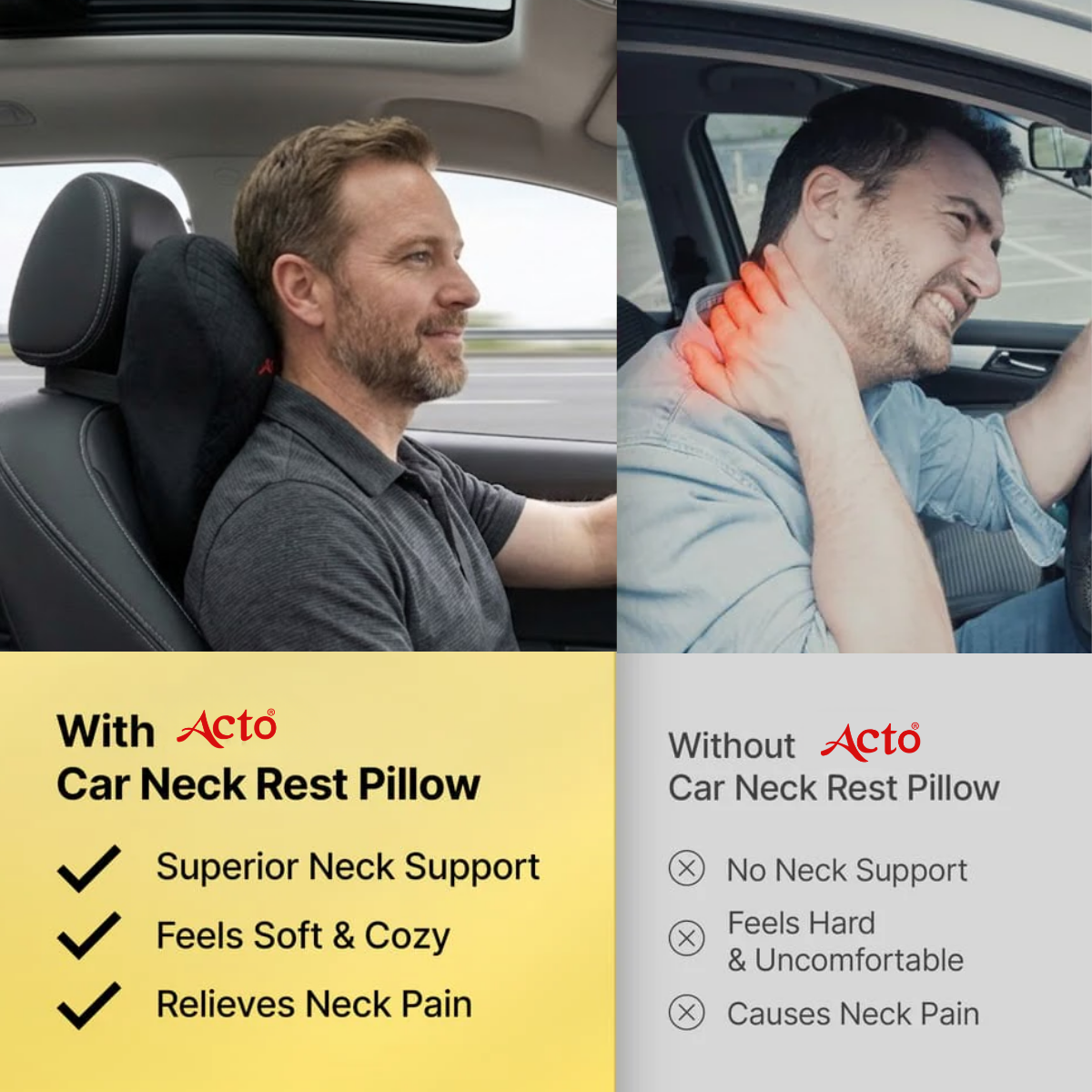 Acto Premium Car Neck Rest Jumbo for Seat Headrest | Ergonomic Memory Foam Cushion | Soft Quilted Design | Neck Support for Long Drives | Universal Fit for All Cars
