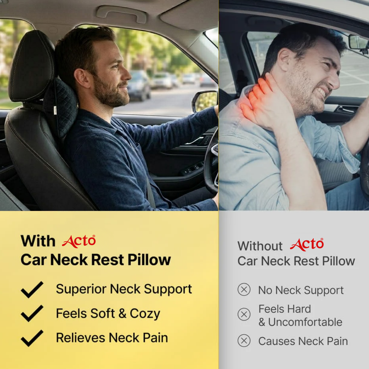 Acto Premium Car Neck Rest Cushion Magnum | Ergonomic Memory Foam Headrest Pillow | Soft Quilted Design | Neck & Cervical Support for Long Drives | Universal Fit for All Cars