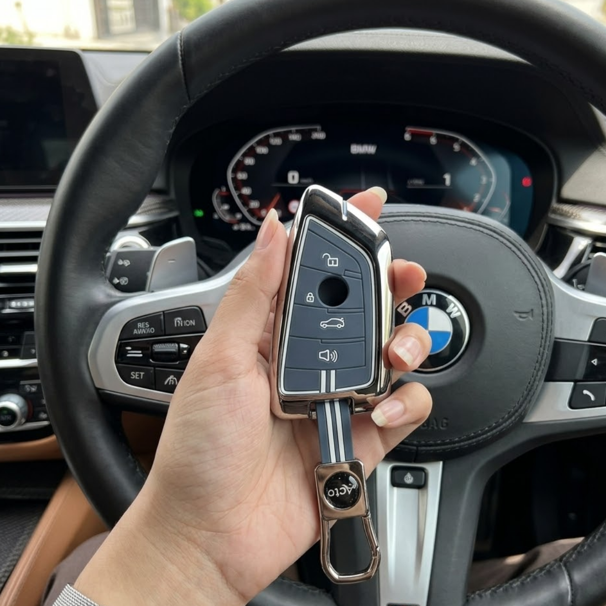 Acto Metal Sapphire Key Cover & Key Chain Compatible with BMW 3 Series, 5 Series, 7 Series, GT Series, M Series & X Series | Premium Metal Smart Key Case | Glow in the Night | 360° Protection | Pack of 1 Set