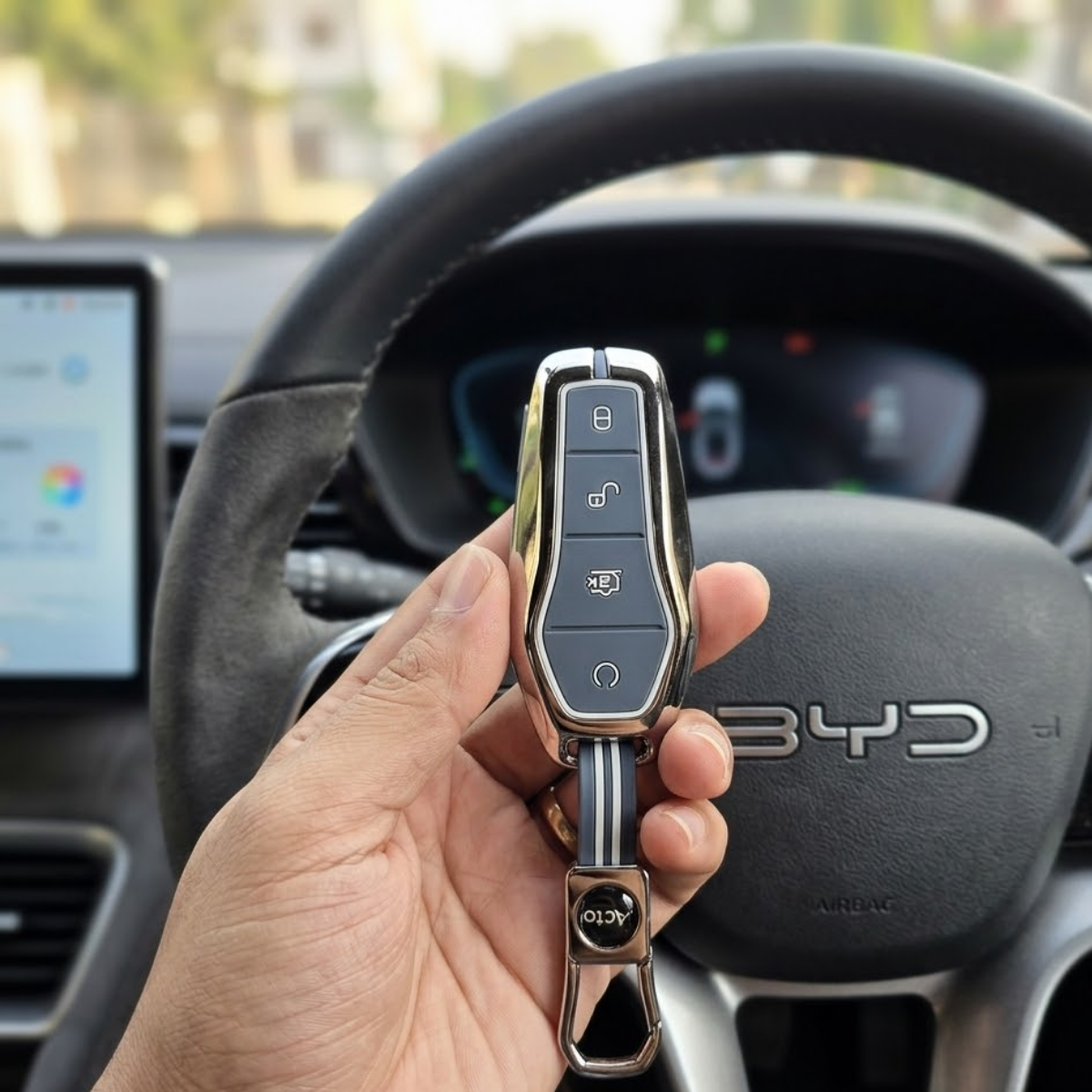 Acto Metal Sapphire Key Cover & Key Chain Compatible with BYD Atto 3, Seal, Sealion & eMax7 3 Button Smart Key | Premium Zinc Alloy Case | Glow-in-the-Dark Buttons | 360° Full Protection | Pack of 1
